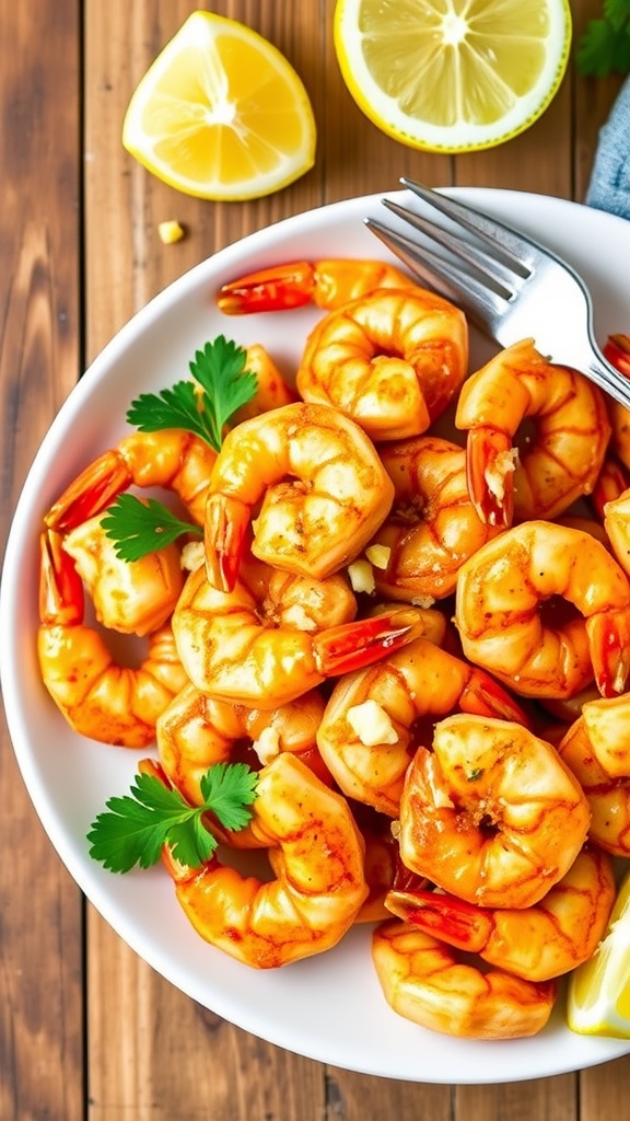 Crispy air fryer garlic shrimp on a plate with parsley and lemon.